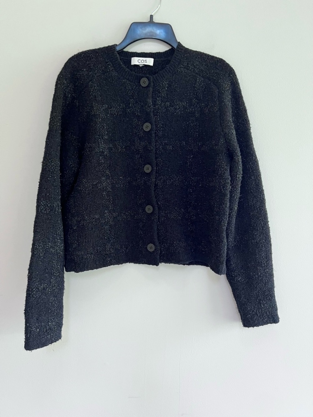COS Black Sparkly Bouclé-Knit Button Front Crop Cardigan, Black Metallic, Small - Picture 2 of 12